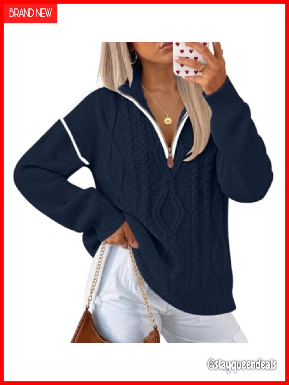 Womens Quarter Zip Cable Knit Off Shoulder Sweater Cotton Oversized Pullover